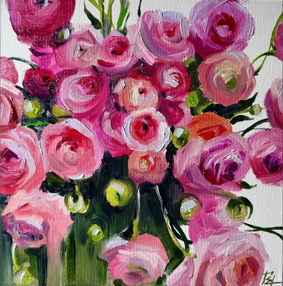 A pink bouquet of ranunculuses.