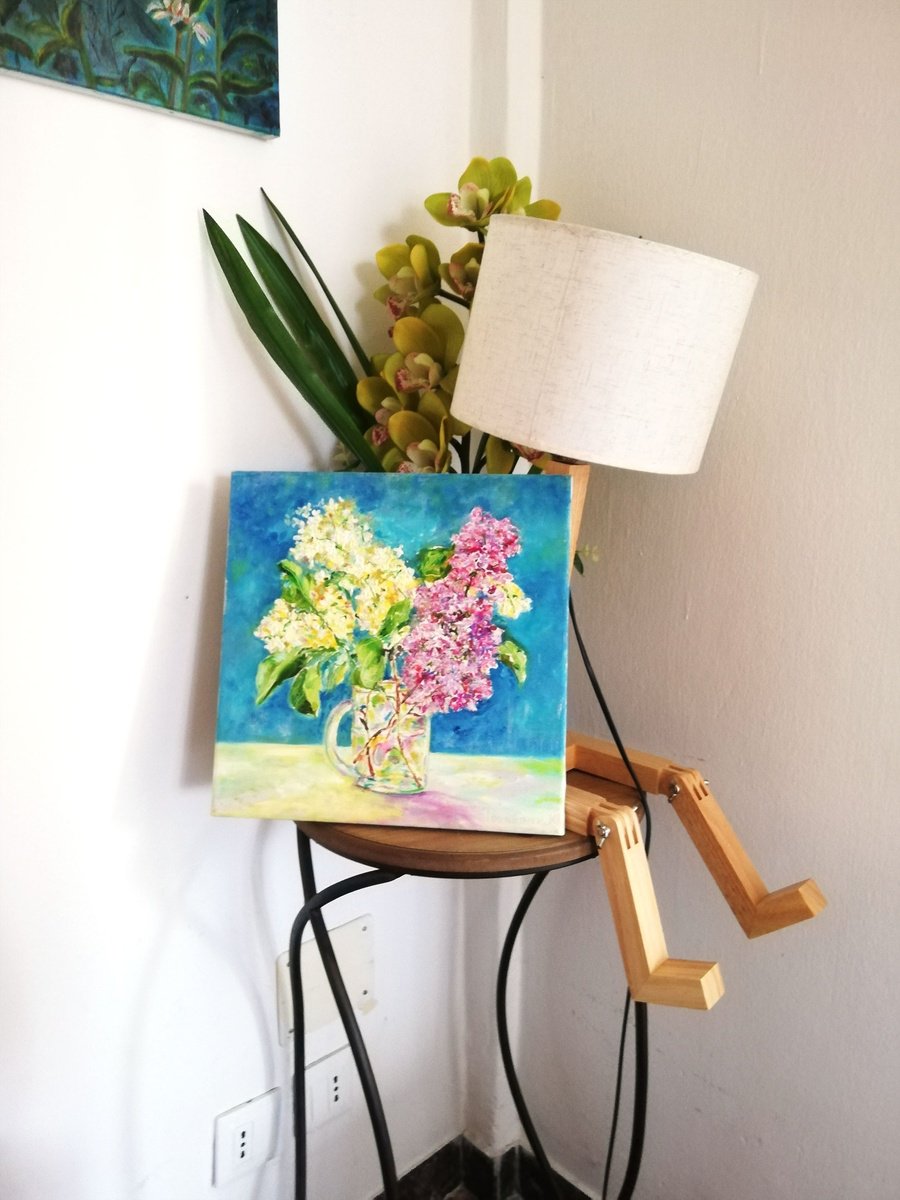 Impressionistic Botanical Oil Painting By Katia Ricci, 12 X 12", Lilac In A Glass, Original Artwork