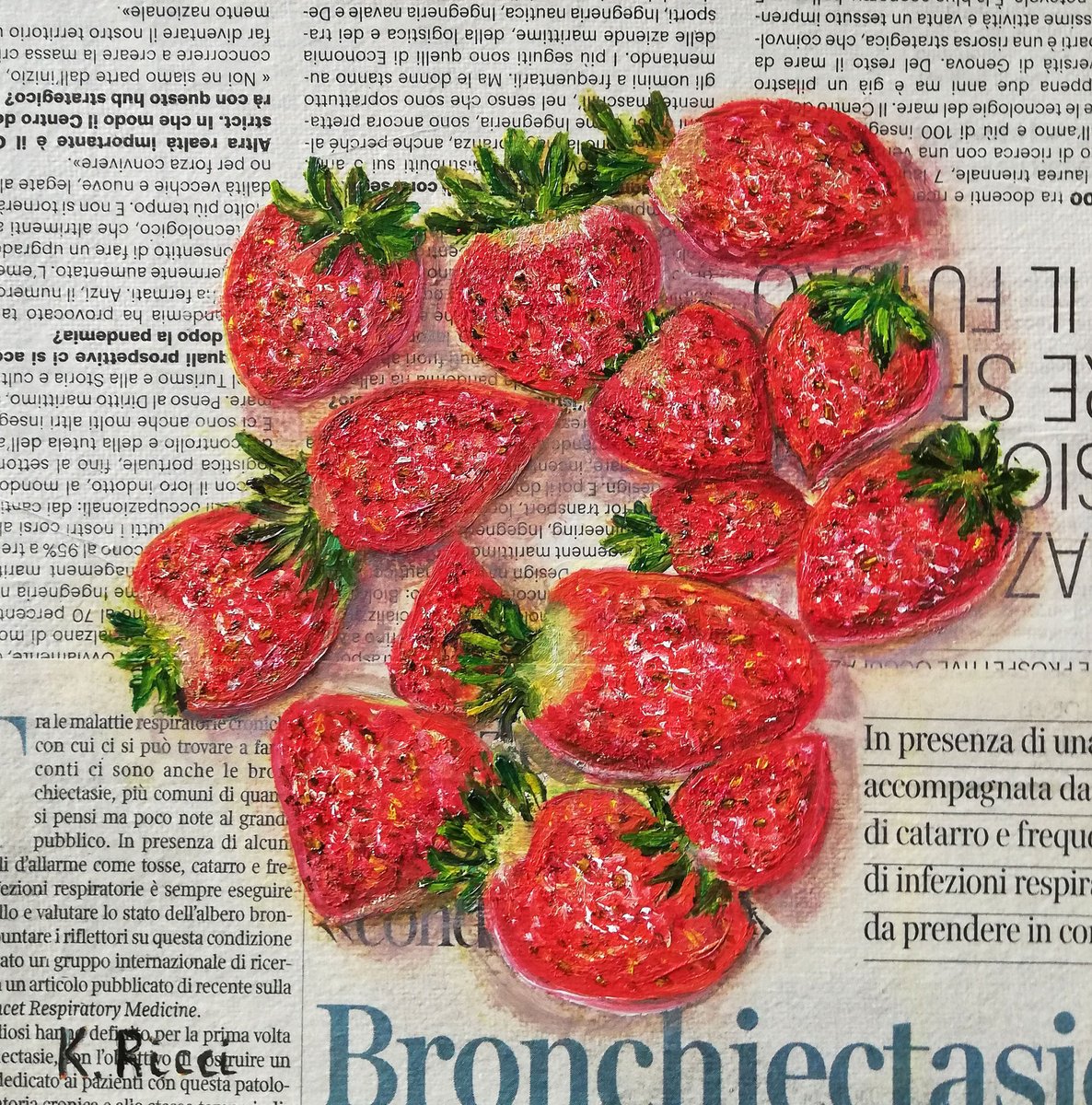 "Strawberries on Newspaper Original Oil on Canvas Board Painting 8 by 8