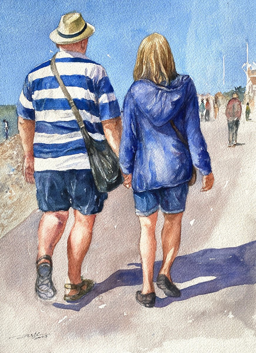 Photorealistic Portrait Watercolour By Arti Chauhan, 10 X 14, Happy Together_Couple Walking, Original Artwork