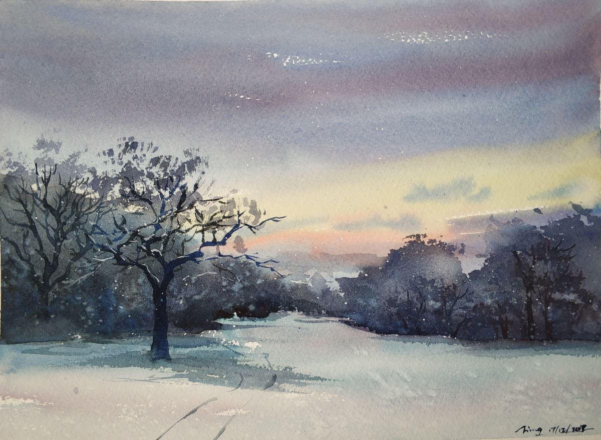 Impressionistic Landscape Watercolour By Jing Chen, 15 X 11, Warm Winter 4, Original Artwork