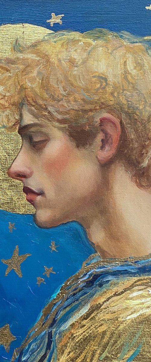 Blond Young Man with gold and turquoise. by Jackie Smith