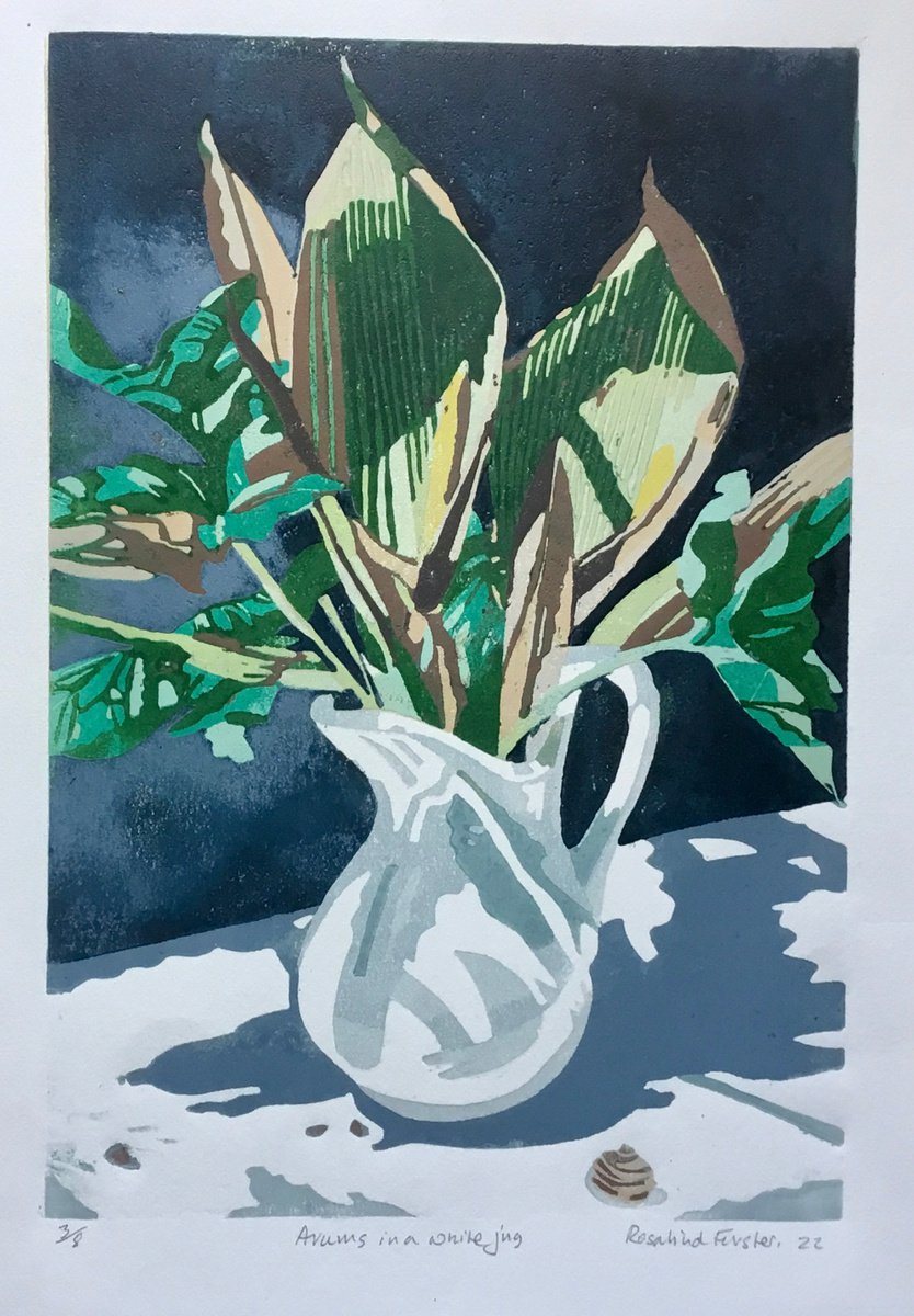 Botanical Linocut By Rosalind Forster, 11 X 15", Arums In A White Jug, Original Artwork