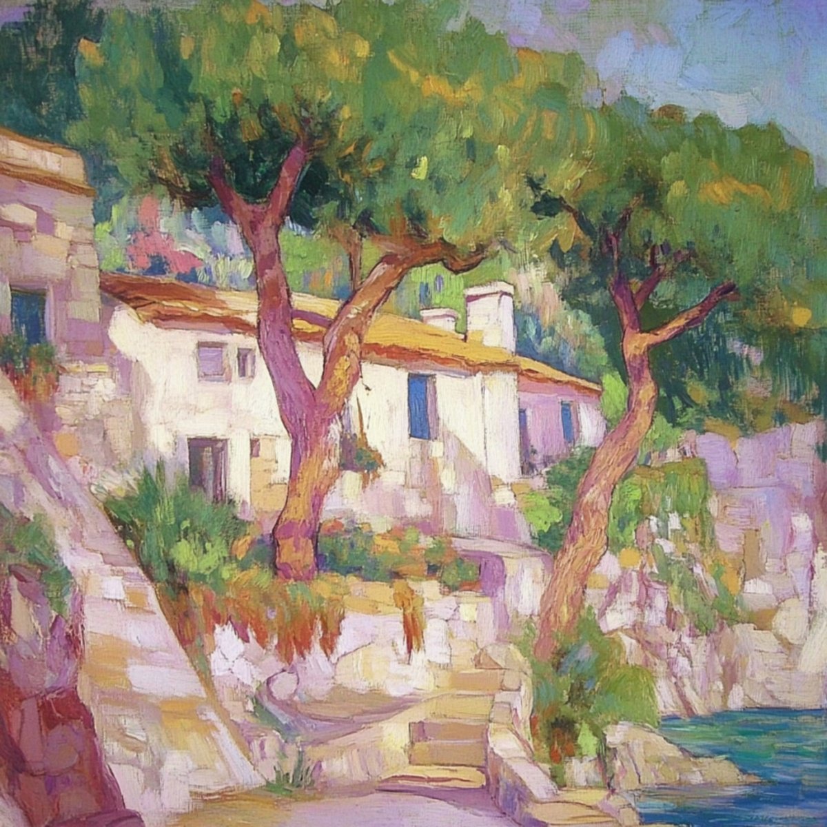 Impressionistic Landscape Print By Elena Avanesova, 31 X 31, House By The Sea, Original Artwork