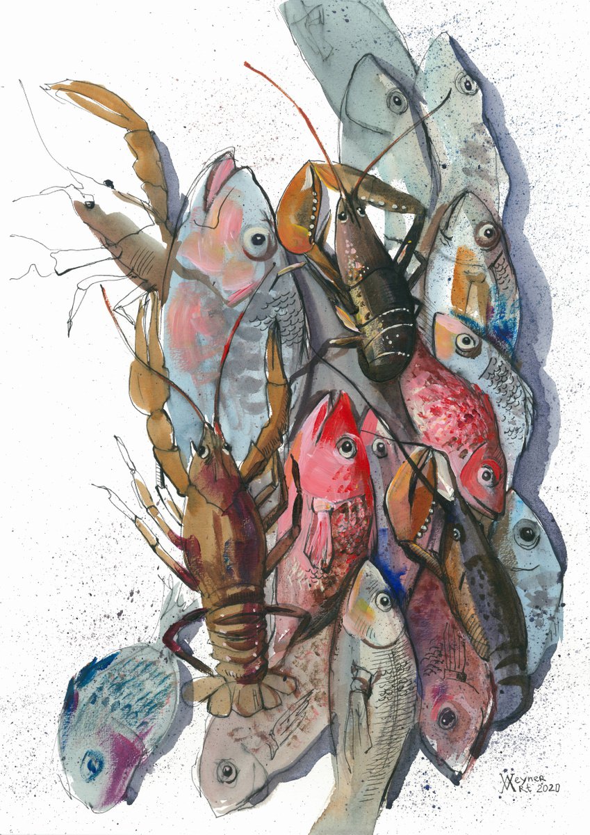 Fish and crayfish drawing by Natalia Veyner