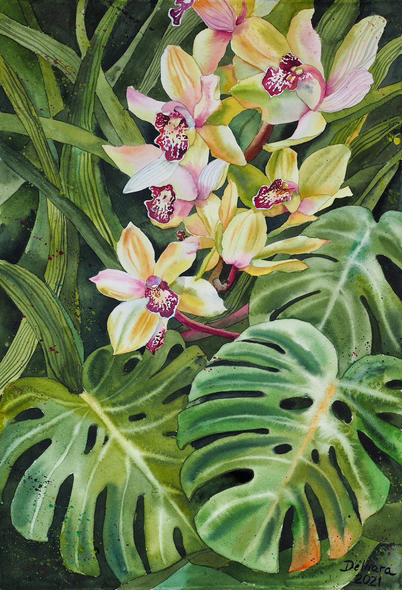 Impressionistic Botanical Watercolour By Delnara El, 15 X 22, Orchid Flowers And Monstera, Original Artwork