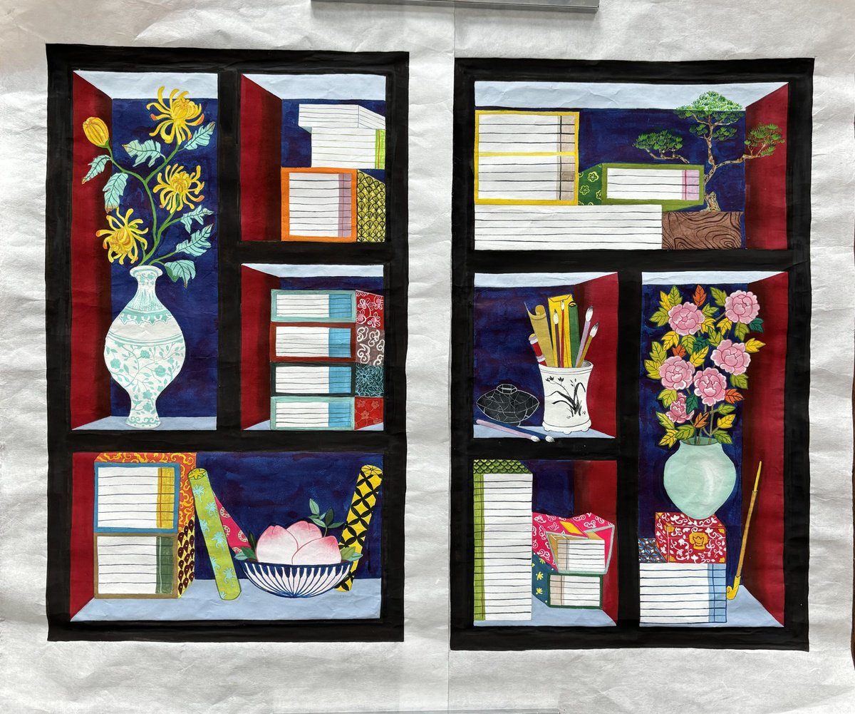 Still Life Painting By Sun-Hee Jung, 28 X 19", Two Bookshelves, Original Artwork