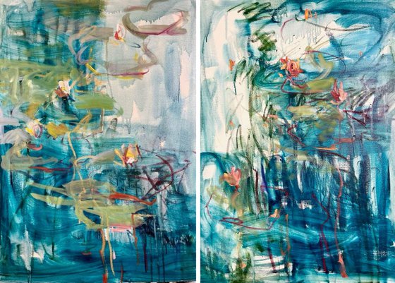 Water lilies. Reflections. Diptych.