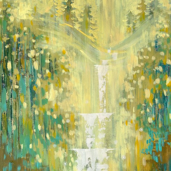 Sparkling Waterfall by an Emerald Forest Pond