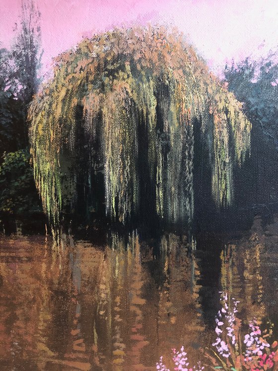 'The Elsham Willow II' Summer Peaceful Tree Reflections in Lake Impressionist Style Oil Painting