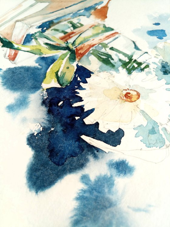 "White flowers on a blue background" - a jar of flowers stands on books modern still life watercolor sketch - series "Artist's Diary"