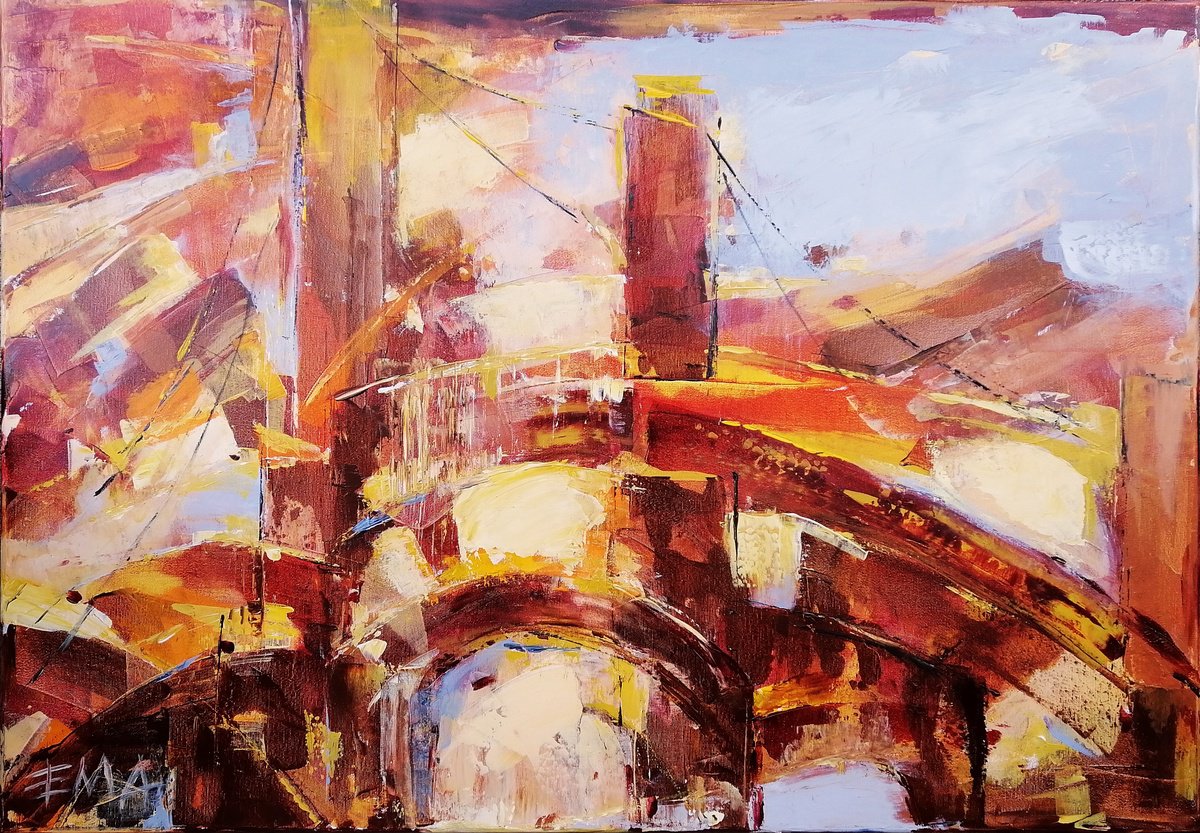 Abstract Acrylic Painting By Emilia Milcheva, 39 X 28, The Autumn And The Bridges, Original Artwork