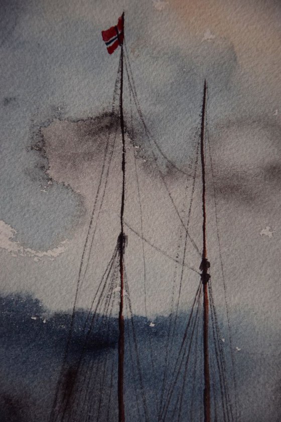 Watercolor painting Ship in Oslo port, Norway fjord