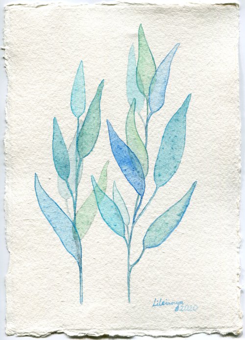 Original watercolor artwork of blue herbs on handmade cotton paper with rough edge by Liliya Rodnikova