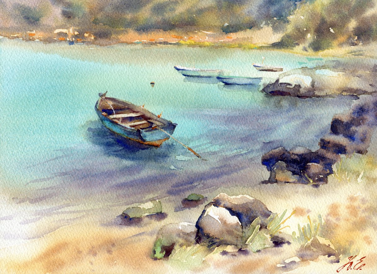 Boat by the sea in Montenegro, Watercolor turquoise seascape by Yulia Evsyukova