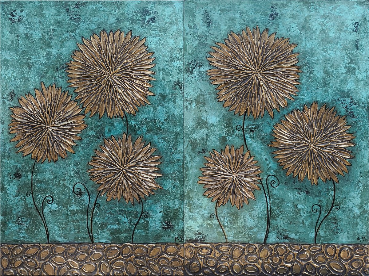 Abstract Botanical Acrylic Painting By Hasmik Mamikonyan, 31 X 24, Gilded Petals, Original Artwork