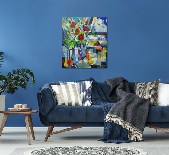 Still life with roses (80x90cm, cubism, oil painting, ready to hang)