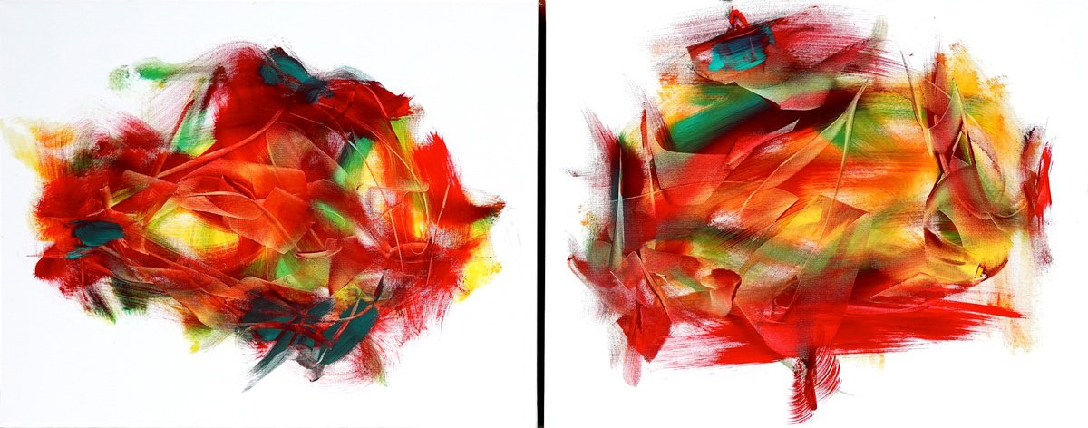 Expressive Abstract Acrylic Painting By Newel Hunter, 60 X 24", Like-Minded Diptych, Original Artwork