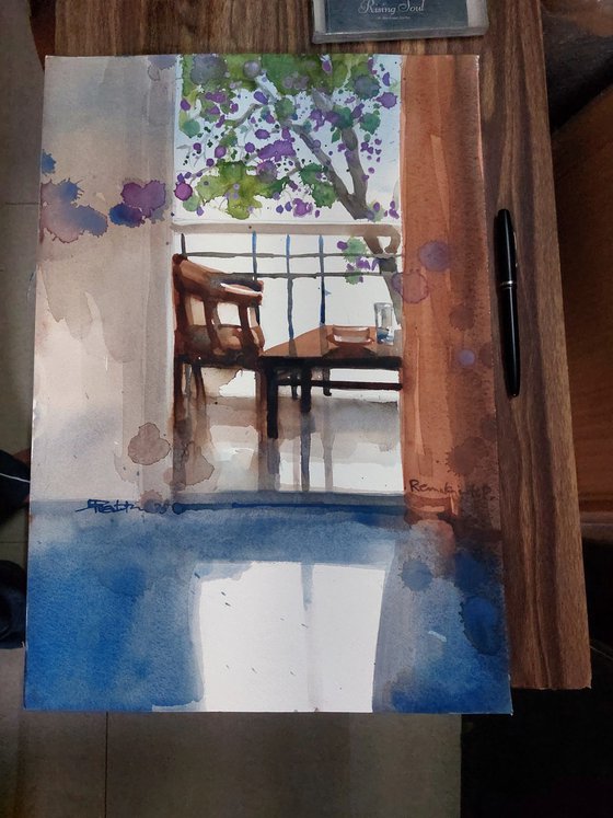 Violet blooms, balcony view