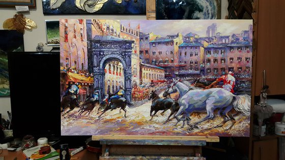 Palio di Siena - horse race, original oil painting