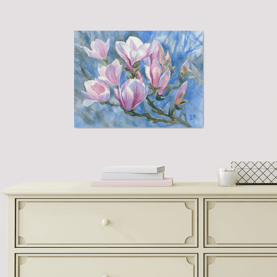 Magnolias Original Watercolor Flower art Floral blue pink sunlight gift for her