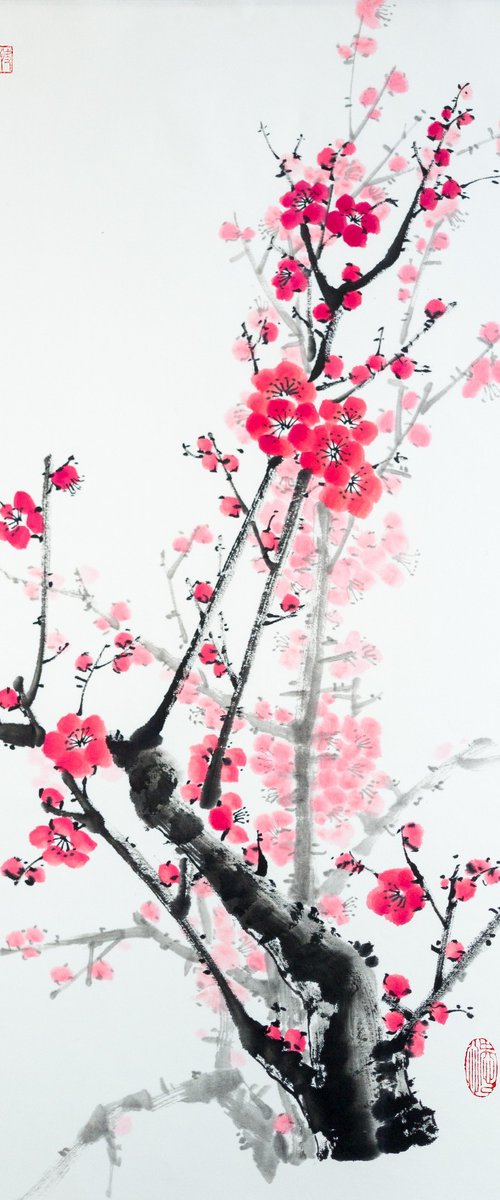 Red plum blossom - Oriental Chinese Ink Painting by Ilana Shechter