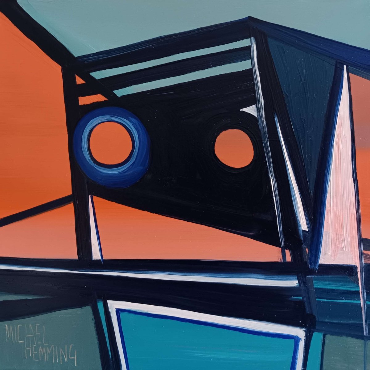 Abstract Landscape Oil Painting By Michael Hemming, 9 X 9", The Lifeboat Station, Original Artwork