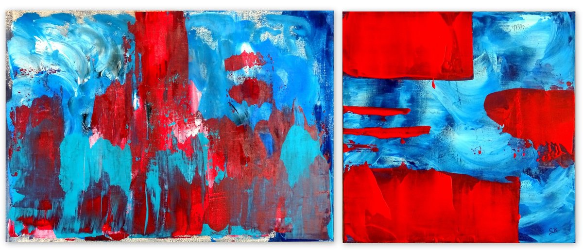 Abstract Acrylic Painting By Cb., 47 X 20, Just Blue And Red 2, Original Artwork