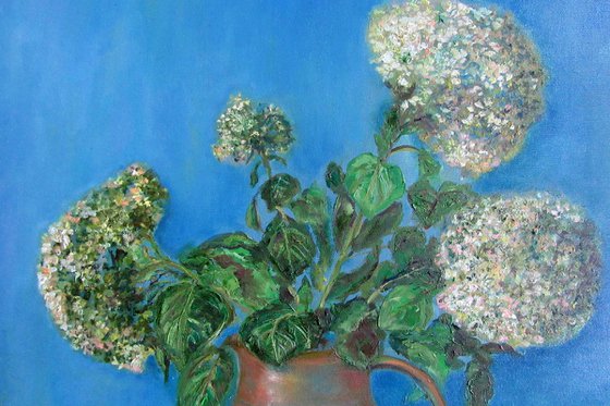 Hydrangea Floral and a Bird Impressionistic Gift Home Bedroom Decor Blue Traditional Women Handmade Artwork Modern Wall Art (19.7x19.7 in.)