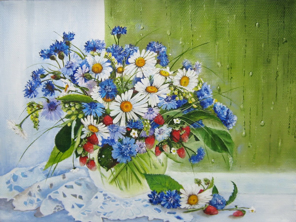 Impressionistic Animal Oil Painting By Natalia Shaykina, 16 X 12", Summer Bouquet, Original Artwork