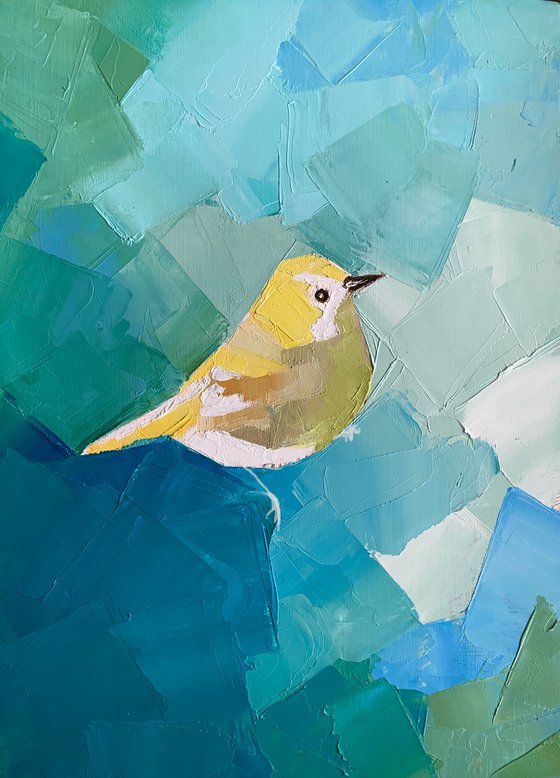 "Yellow birdy vibes" oil painting on paper / bird in flight