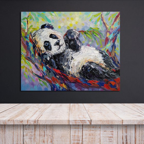 In a quiet place - oil painting on canvas, panda, baby, panda baby, little  panda, animal, panda bear, gift for child Oil painting by Anastasia Kozorez  | Artfinder
