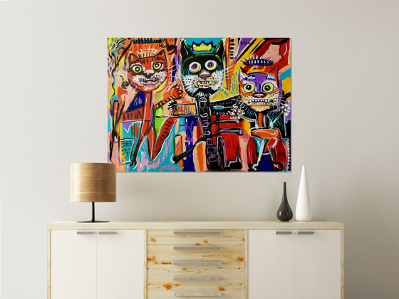 Cats bosom friends in style of famous painting by Jean-Michel Basquiat.