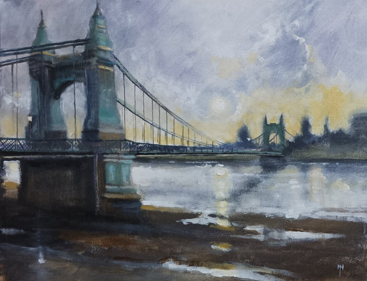 Impressionistic Cityscapes Acrylic Painting By Alan Harris, 16 X 12, Low Tide Hammersmith, London, Original Artwork