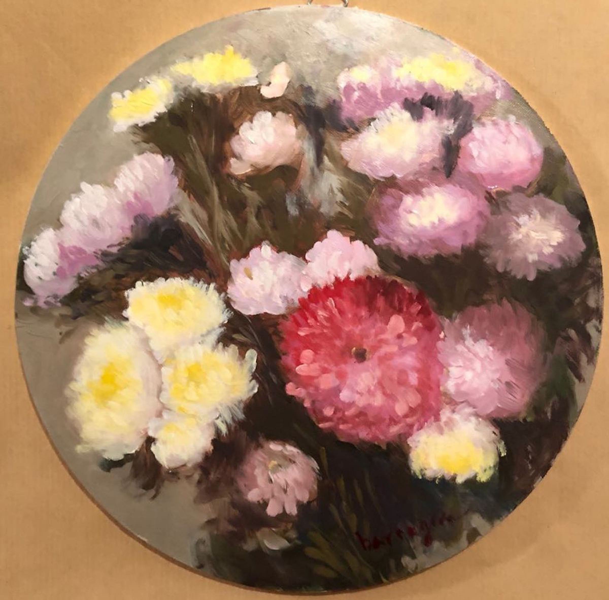 Round Pink Flowers Oil Painting On Canvas Board Artfinder