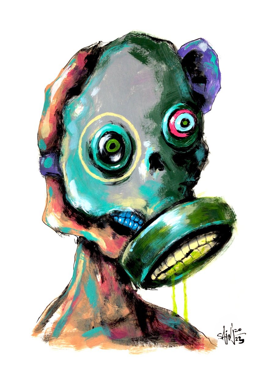 #140 Gas Mask Zombie portrait painting original art, Horror Naive Outsider Folk Art Brut S... by Ruslan Aksenov