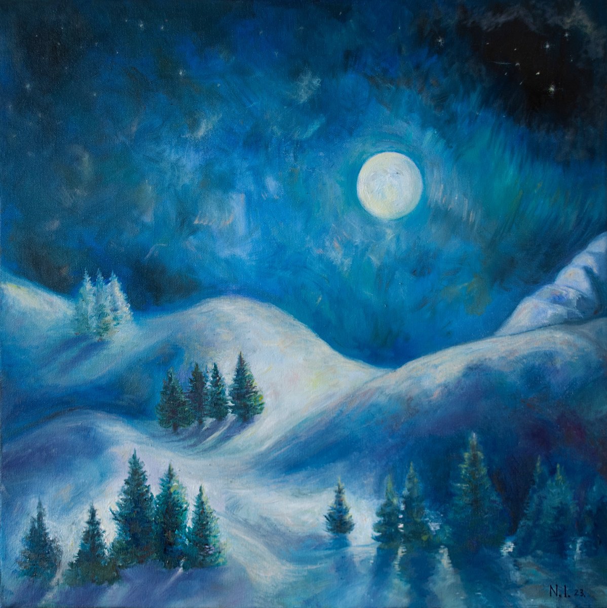 Moonlit Winter Ii By Nikola Ivanovic, 23 X 23, Artwork For Sale On Artfinder