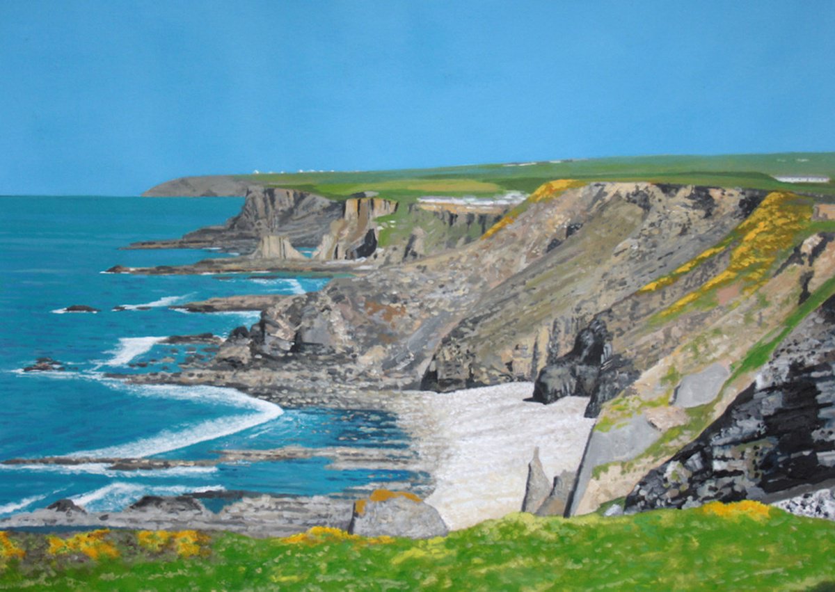 Landscape Acrylic Painting By Tim Treagust, 24 X 17", Coast Near Widemouth Bay, Bude, Original Artwork