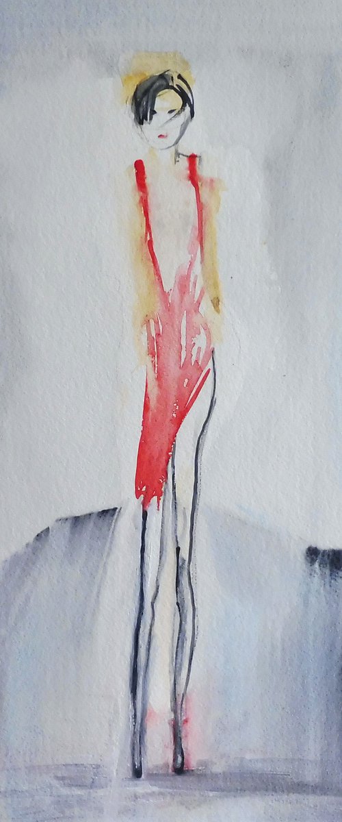 GIRL no. 2 RED DRESS FASHION MODEL. Original Female Figurative Impressionistic Watercolour Painting. by Tim Taylor