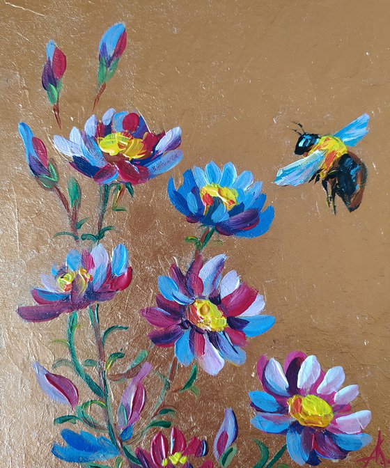 Flight in flowers - acrylic, bumblebee, flowers, painting, chamomile, gift idea, acrylic painting, small painting, postcard size