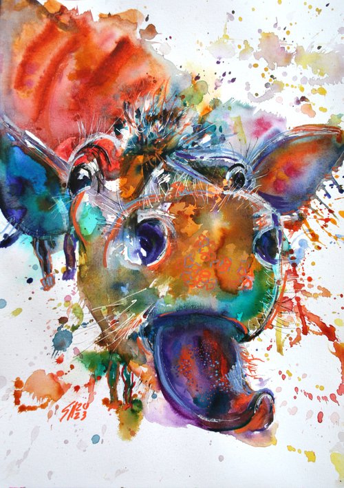 Funny Cow I / FROM THE SERIES OF EXPRESSIVE ANIMAL PORTRAITS / ORIGINAL PAINTING by Salana Art Gallery