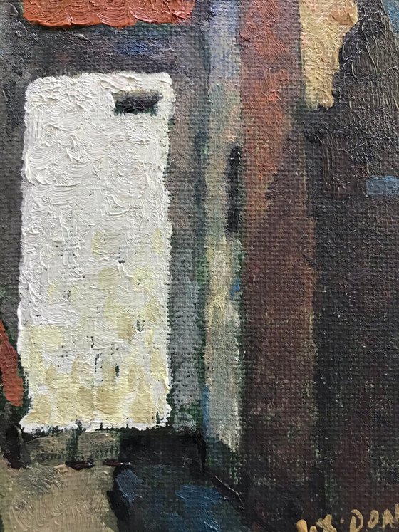 Original Oil Painting Wall Art Signed unframed Hand Made Jixiang Dong Canvas 25cm × 20cm Cityscape Go To Shop Figure House Small Impressionism Impasto