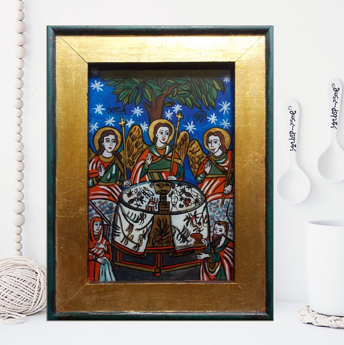 The Holy Trinity - Romanian Traditional Folk Icon on Glass with Wooden Frame by Adriana Vasile
