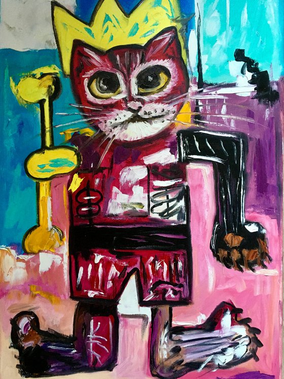 King Cat Troy  in a CROWN ( 71x 45cm, , 28x 18inches,) version of famous painting by Jean-Michel Basquiat