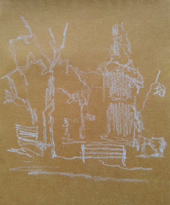 London. Sketch in graphite pencil on brown paper.