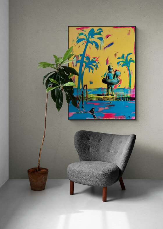 Bright summer painting - "Small swimmer and shark" - Pop Art - Pool - Palms - Landscape - California - Nature - Yellow&Blue