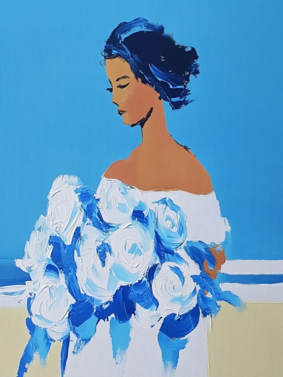 Impressionistic Portrait Print By Elena Avanesova, 24 X 31, Blue Roses, Original Artwork
