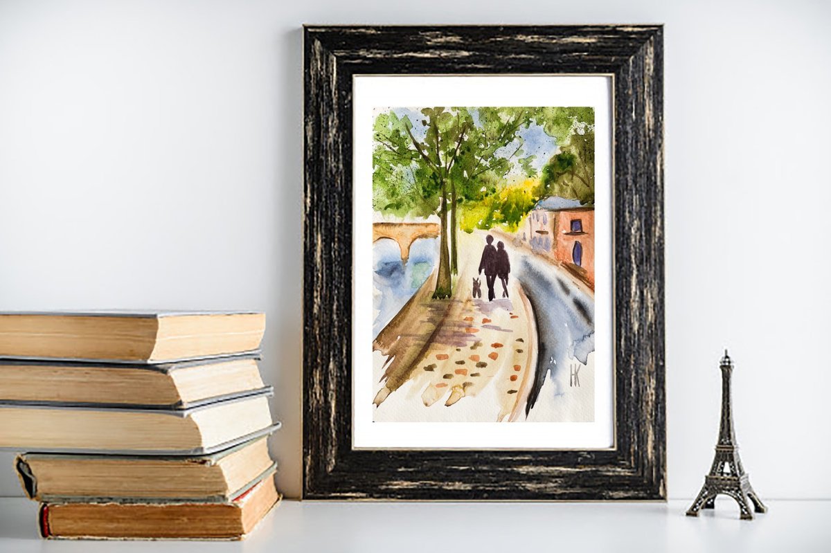 Paris Painting Cityscape Original Art Couple Watercolor