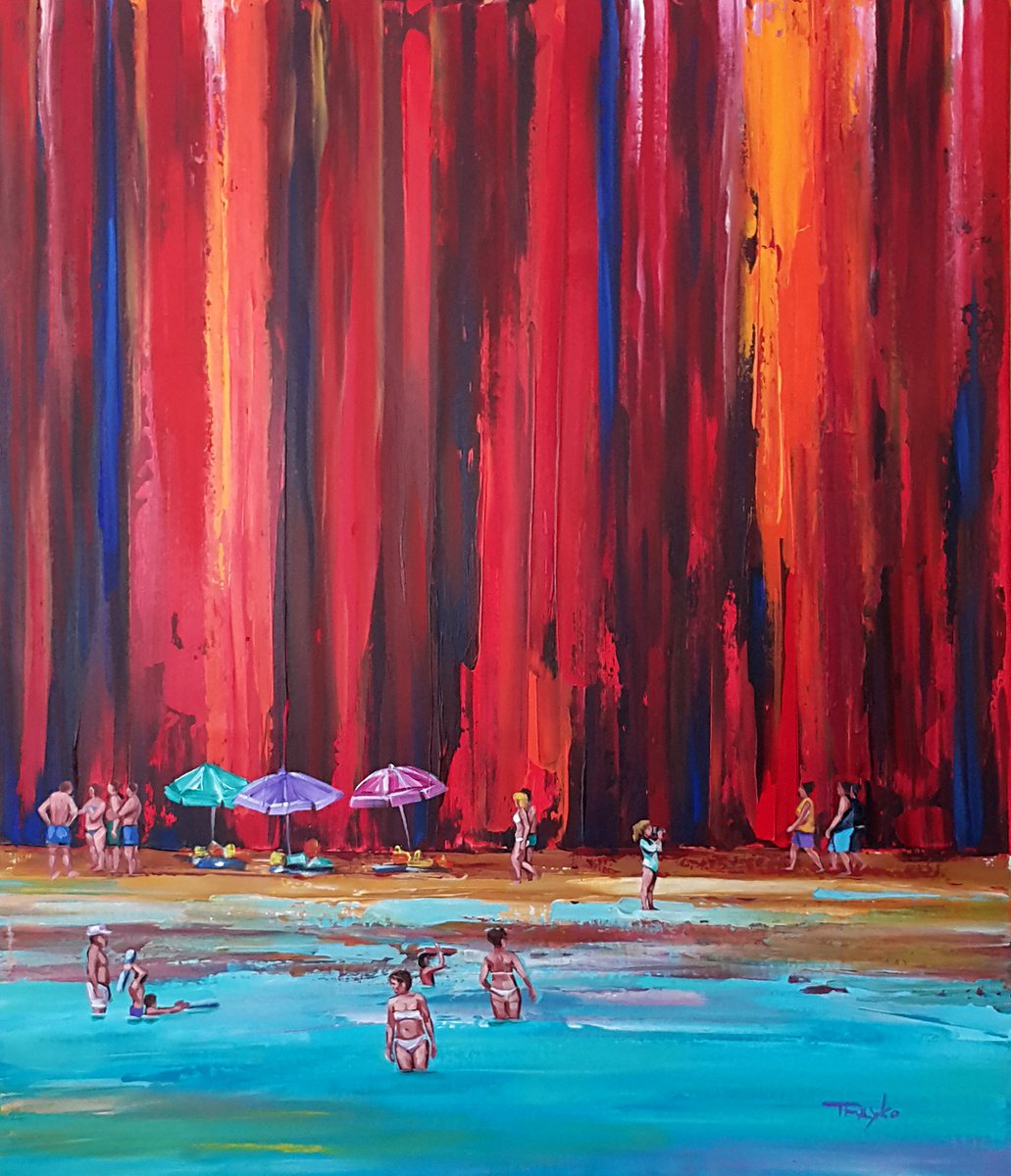 Impressionistic Landscape Acrylic Painting By Trayko Popov, 33 X 39", Red Beach | Santorini | Vacation, Original Artwork