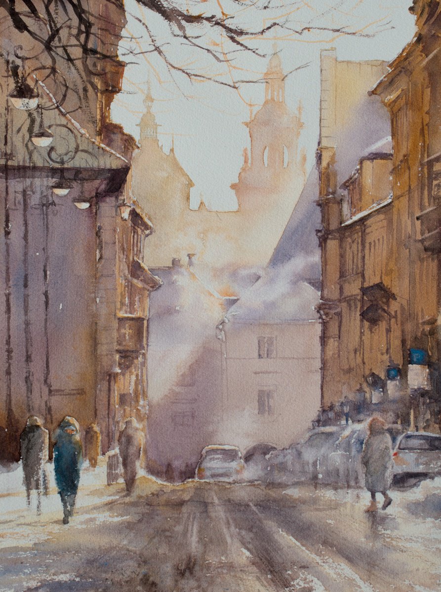 Impressionistic Cityscapes Watercolour By Eve Mazur, 12 X 16, Frosty Day In Krakow, Poland, Original Artwork